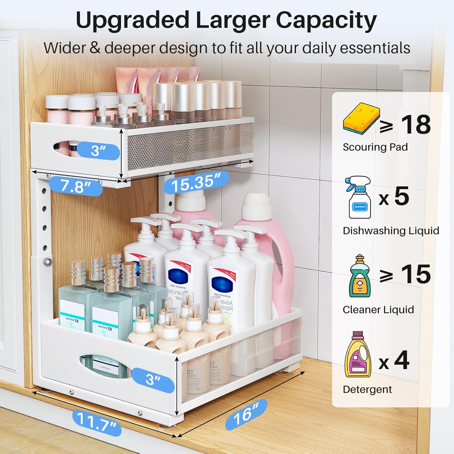 Under Sink Organizer | 2-Pack 2-Tier Pull-Out Shelf with Metal Slides & Mesh Drawers - White