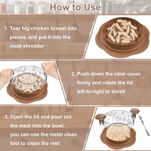 Chicken Shredder Large Chicken Breast Shredder Tool Twist with Brush&Fork, Visible Meat Shredder Machine, Anti-Slip Strip, Ergonomic Handle, BPA Free, Suitable for Pork Beef Chicken(Brown)
