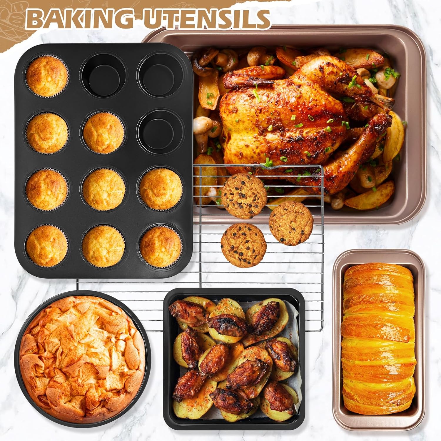 Skiennix Nonstick Bakeware Set - 15-Piece Baking Pan Set with Cooling Rack & Accessories - Oven Safe Metal