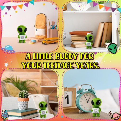 Happy 13th Birthday Milestone Keepsake – Handmade Crochet Alien Plush Doll with Funny Official Teenager Positive Affirmation Message Card – 13 Years Old Gift for Son, Daughter, Friend, or Grandchild