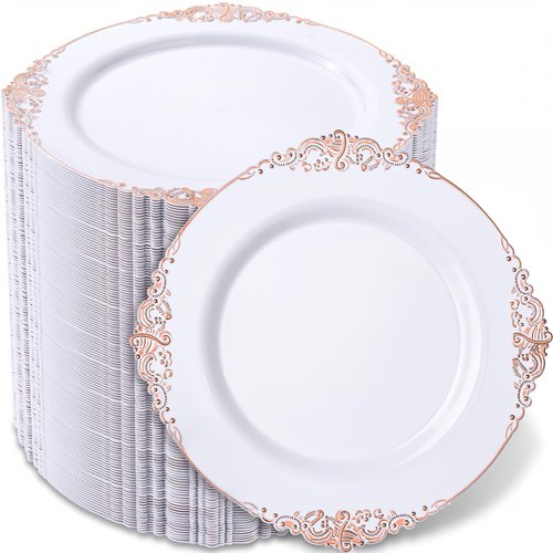 Morejoy 100pcs Plastic Plates - Disposable - 7.5 inch White and Rose Gold Dessert Plates for Weddings & Parties & Shower