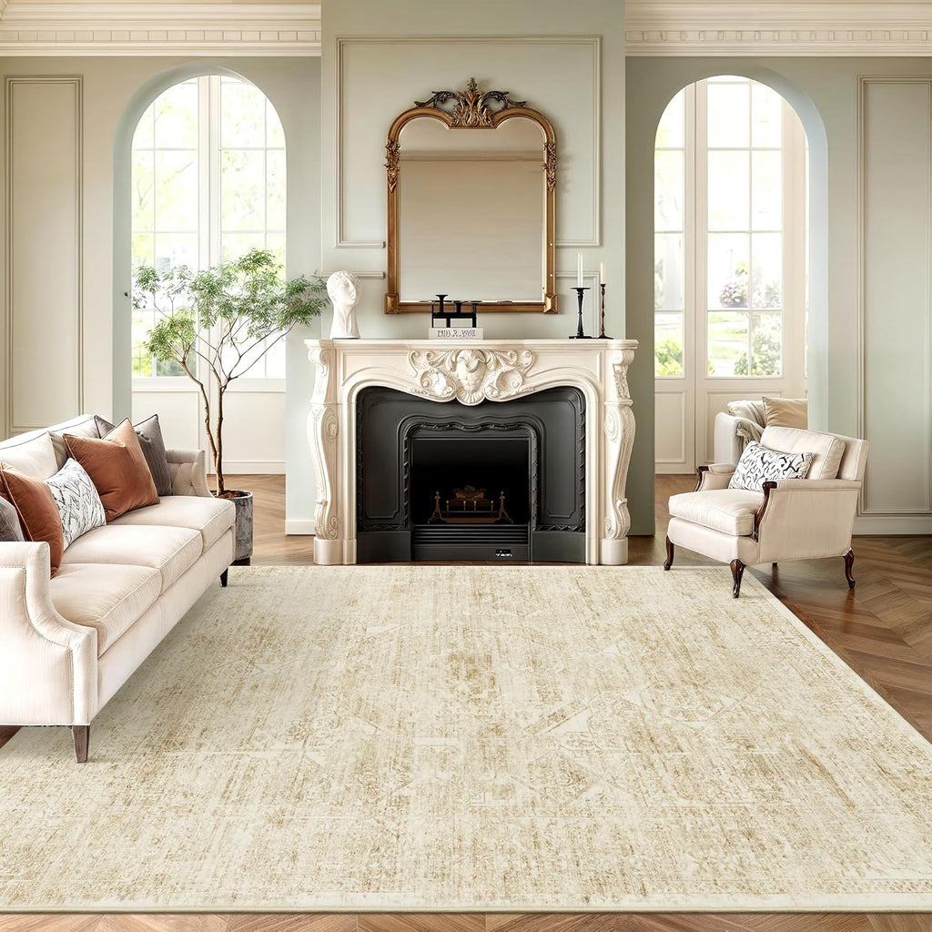 Soalmost Washable Area Rug - Vintage Beige 8x10 Soft Non-Slip Rug for Living Room & Bedroom