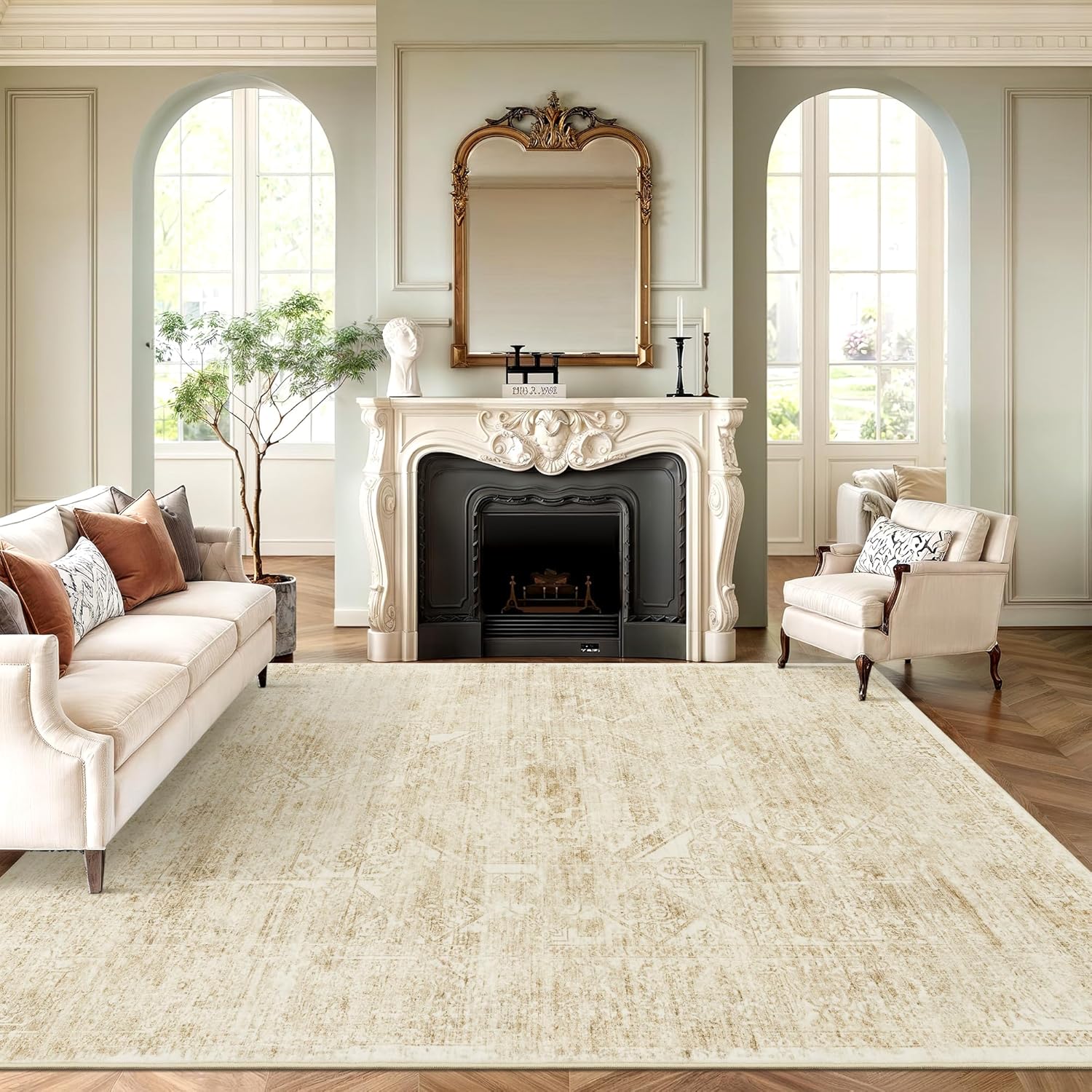 Soalmost Washable Area Rug - Vintage Beige 8x10 Soft Non-Slip Rug for Living Room & Bedroom