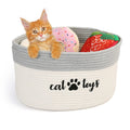 PrimePets Cat Toy Basket, Cotton Rope Storage Basket with Handles, Small Woven Pet Box Bin for Blankets, 15x10x9 inch Cat Holder Container, White and Grey
