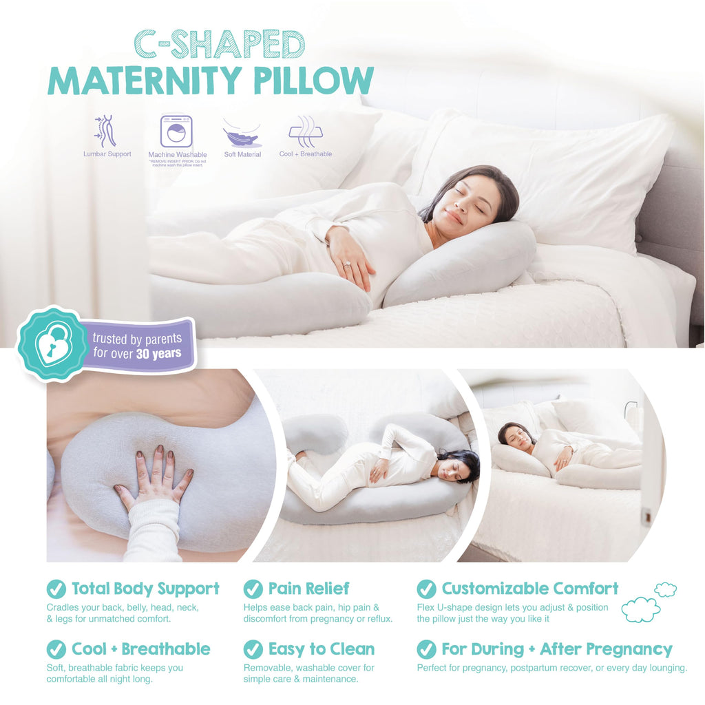 Regalo C Shaped Pregnancy Pillow for Sleeping, Full Body Maternity Pillow with Removable Cover, Support for Back, Belly, Hips & Legs, Body Pillow for Side Sleepers, Gray