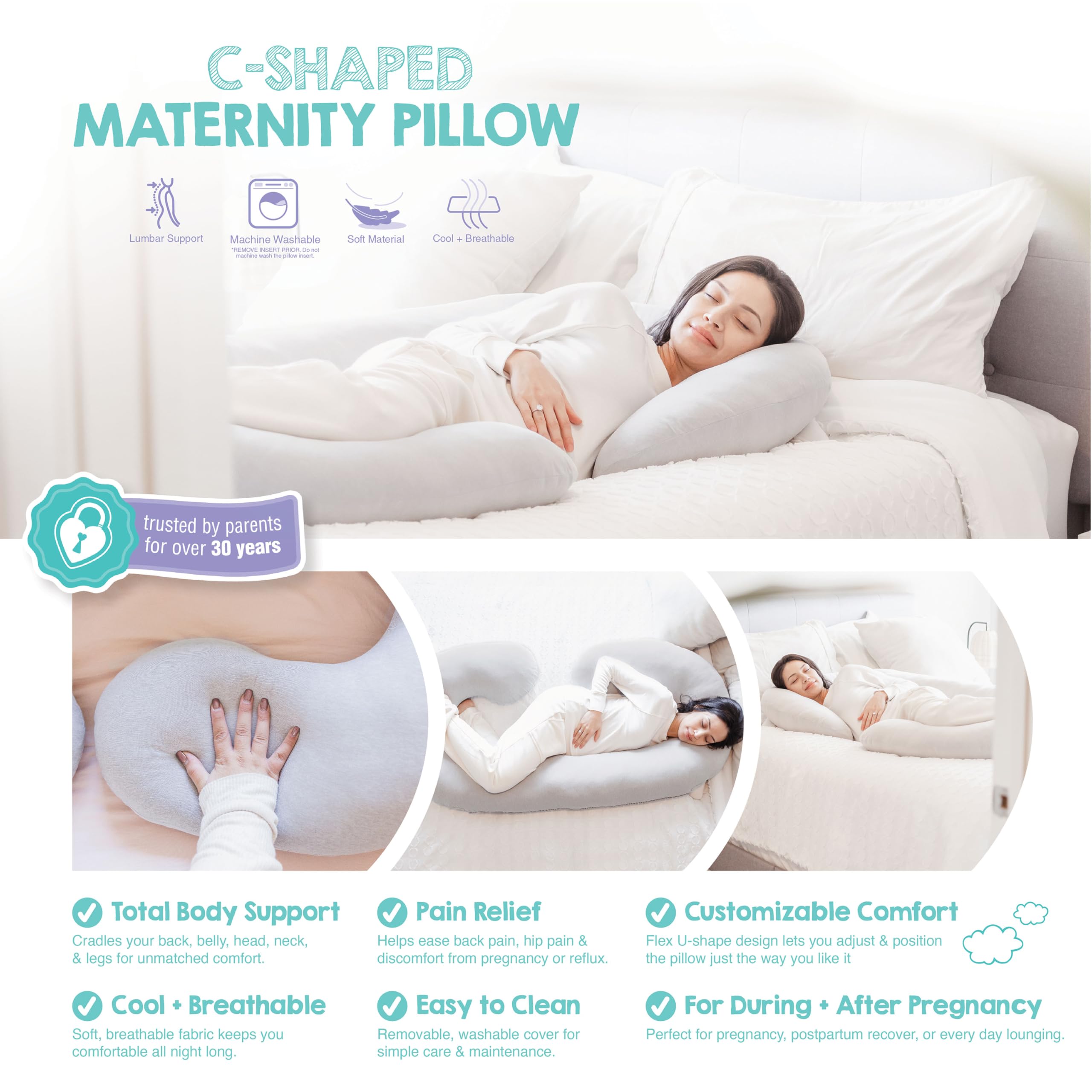 Regalo C Shaped Pregnancy Pillow for Sleeping, Full Body Maternity Pillow with Removable Cover, Support for Back, Belly, Hips & Legs, Body Pillow for Side Sleepers, Gray