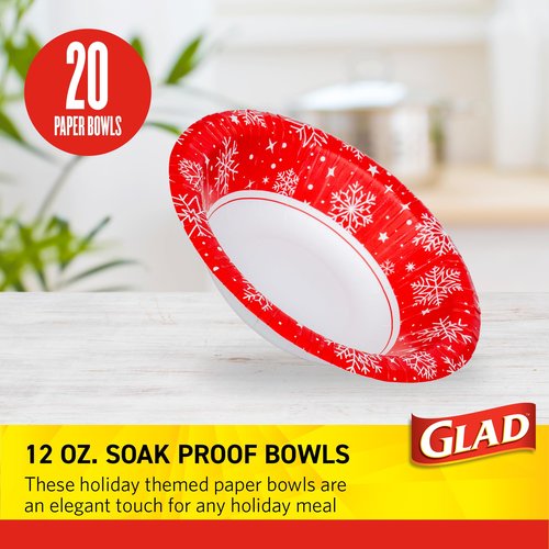 Glad Everyday Disposable Paper Bowls, Red Snowflake Holiday Design - Heavy Duty Soak-Proof Microwavable Paper Bowls - For Soups, Cereals, and Hot Foods, 12 Ounce, 20 Count