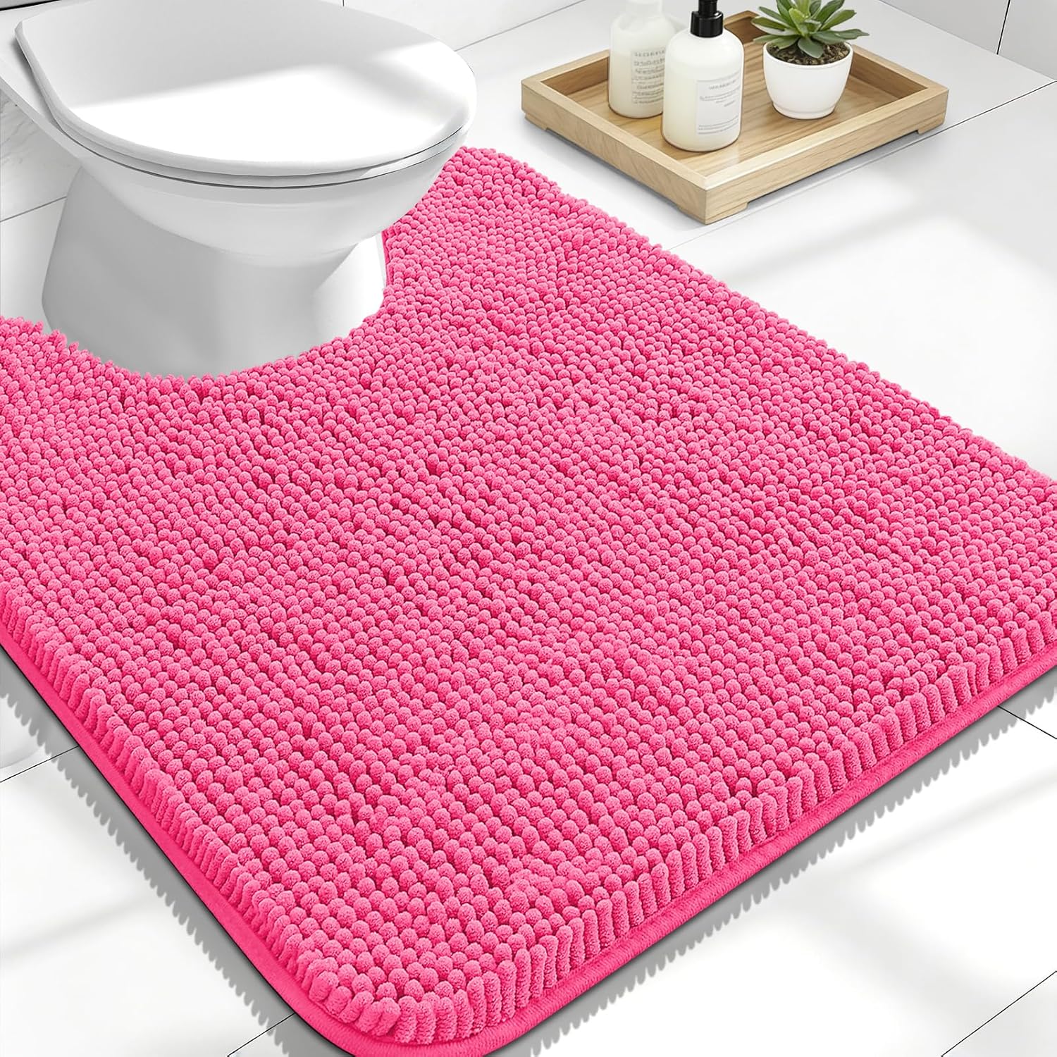 OLANLY Toilet Rugs - U-Shaped 24x20 Extra Soft Chenille Bath Mat | Quick-Dry, Non-Slip, Hot Pink