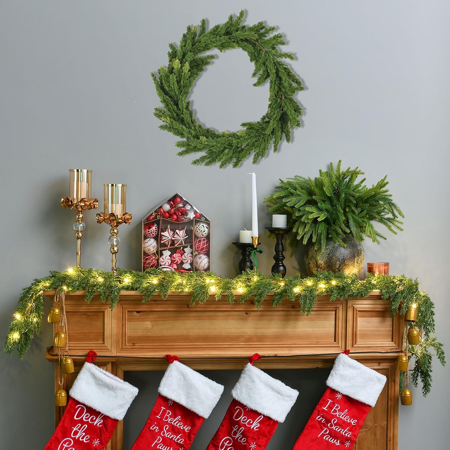 Skiennix Christmas Garland - 3PCS 6.2FT Lush Greenery with Lights | Real Touch Cedar & Soft Pine Branches for Indoor/Outdoor Decor
