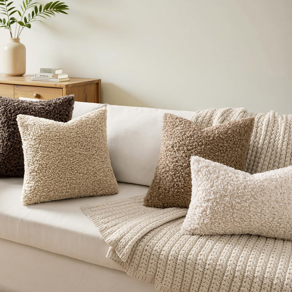 Woaboy Faux Fur Throw Pillow Covers 20x20 Inch Set of 2 Boucle Neutral Decorative Sherpa Fuzzy Accent Soft Sheepskin Fleece Cushions Modern Home Decor for Couch Sofa Bedroom Living Room,Oatmeal