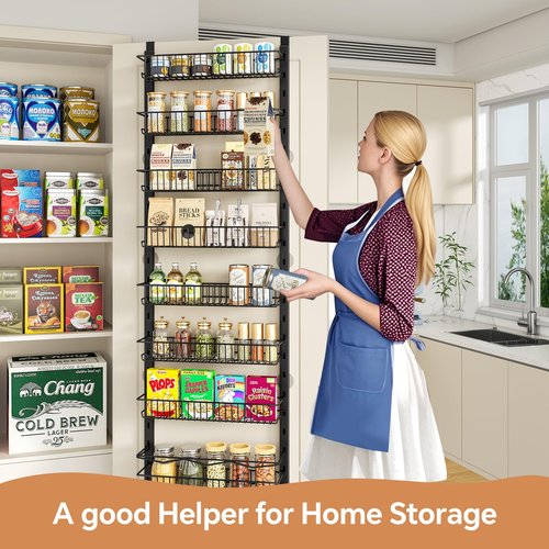 MIAOLI Over the Door Pantry Organizer, 8-Tier Adjustable Spice Rack Cabinet Door Shelves, Hanging Seasoning Organizer for Kitchen Bathroom, Laundry Room Organization, Black