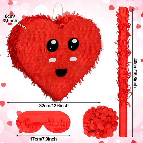 Soulchen 4 Pcs Valentine Party Games Valentine Classroom Party Games Red Heart Piñata with Batting Stick Blindfold Confetti for Birthday Holiday Adult