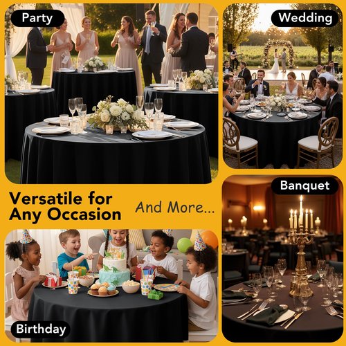 Dailyset 6-Pack Black Round Tablecloths, 120 Inches, Stain-Resistant Polyester for 5-6 Ft Round Tables - Washable Table Covers for Weddings, Banquets, Birthday Parties, Events