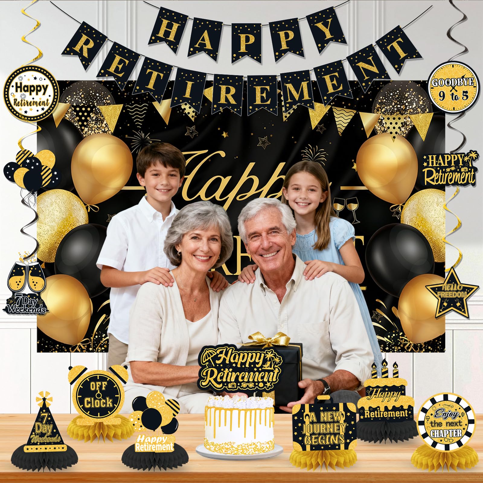 Retirement Party Decorations for Men Women Black Gold Happy Retirement Banner Backdrop Honeycomb Centerpiece Cake Topper Hanging Swirl Set