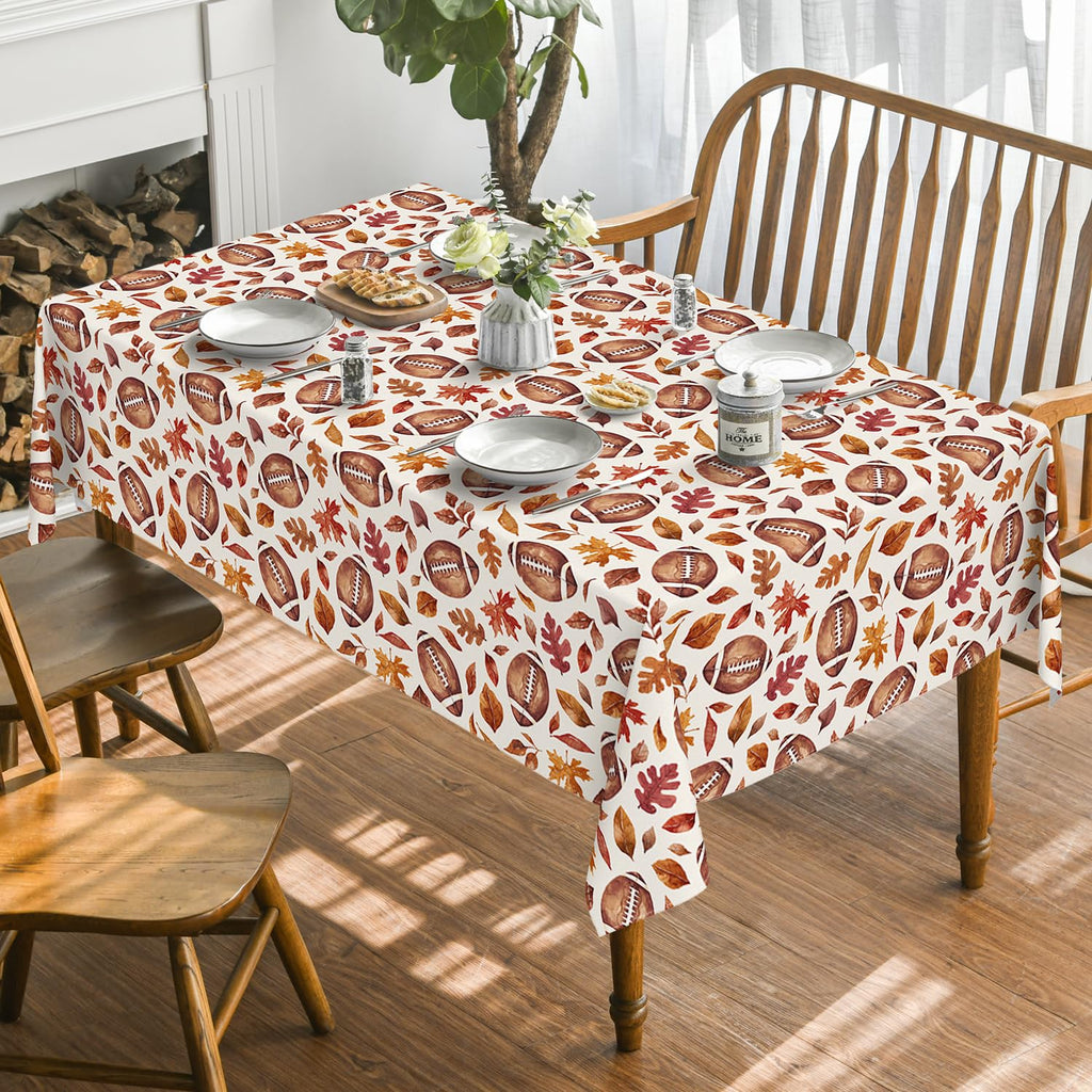 Horaldaily Fall Tablecloth 60×104 Inch Rectangular, Thanksgiving Autumn Harvest Brown Leaves Football Table Cover for Party Picnic Dinner Decor