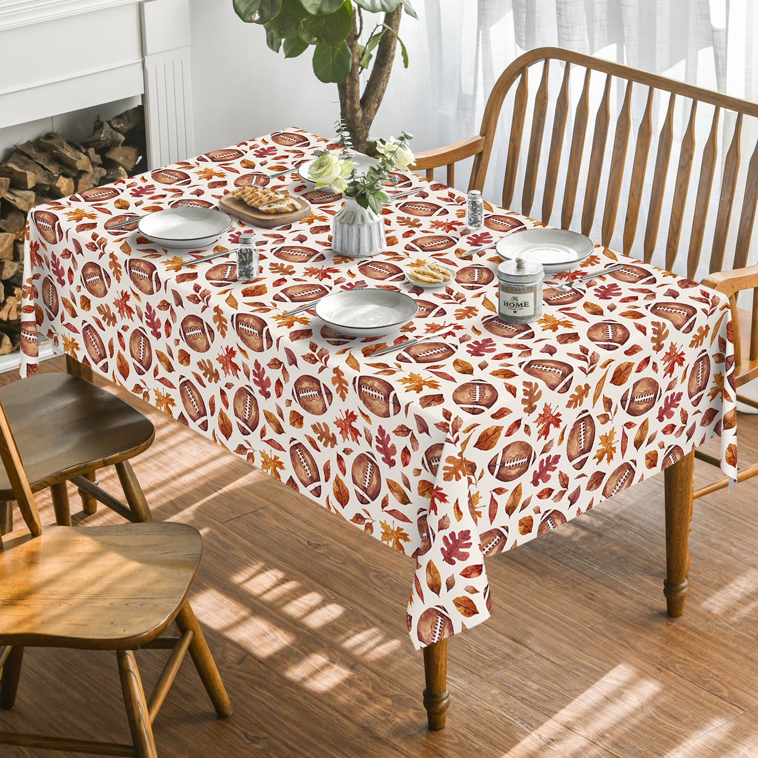 Horaldaily Fall Tablecloth 60×104 Inch Rectangular, Thanksgiving Autumn Harvest Brown Leaves Football Table Cover for Party Picnic Dinner Decor
