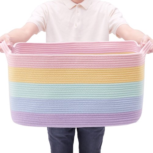 MOJOSCEND Extra Large Storage Basket for Girls Kids 22"x16"x12" Rainbow Toy Box for Girls Blanket Basket for Living Room Woven Storage Box for Cloth -70L