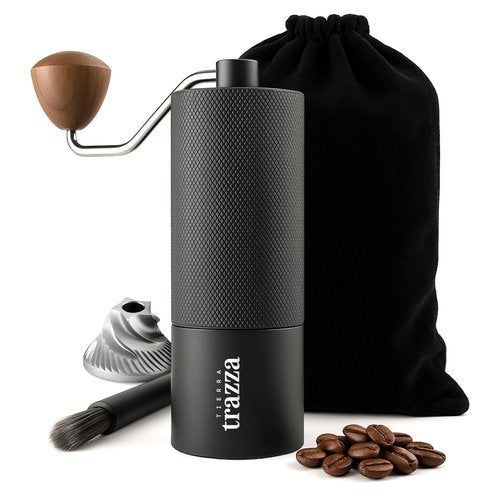 Tierra Trazza Manual Coffee Grinder, Conical Burr Coffee Grinder with Stainless Steel Burrs & Walnut Handle for Espresso, French Press, Travel, Camping & Home Use