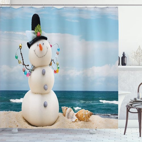Ambesonne Snowman Shower Curtain, Winter Vacation Holiday Theme Figure Seashells Sitting on Sandy Beach Coastal, Cloth Fabric Bathroom Decor Set with Hooks, 69" W x 70" L, Blue Sand