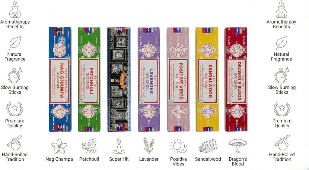 Satya Incense Gift Set - Nag Champa, Dragon's Blood, Sandalwood & Lavender | 15g for Positive Vibes