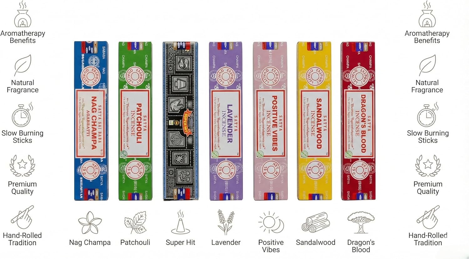 Satya Incense Gift Set - Nag Champa, Dragon's Blood, Sandalwood & Lavender | 15g for Positive Vibes