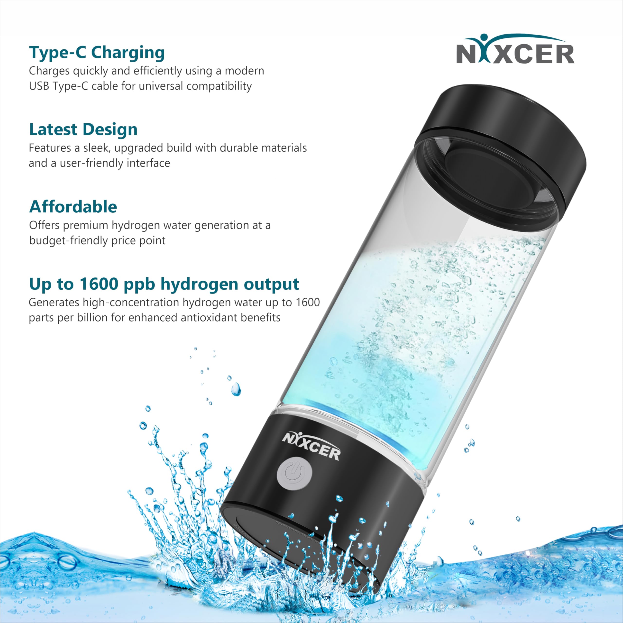 Nixcer Hydrogen Water Bottle Generator - 3 Min SPE PEM Tech, 2026 Model, 420ML Portable Hydro Water Bottle Machine for Travel, Wellness & Recovery, Ideal for Kids, Men & Women (Black)