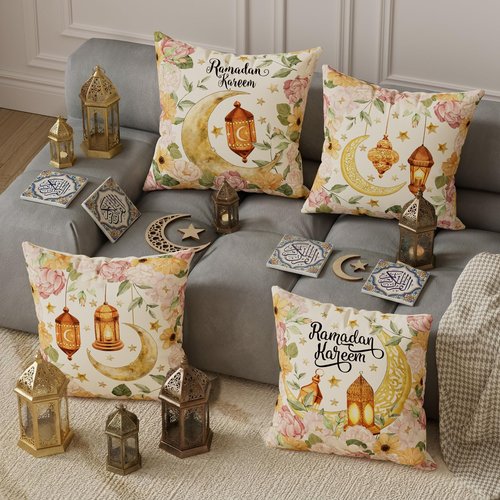 ZAEW Flowers Golden Lantern Moons Stars Ramadan Kareem Pillow Covers Throw Pillow Cases Set of 4 Decorations for Home Sofa Cushion Cover Party Holiday Decor 18x18 Inch