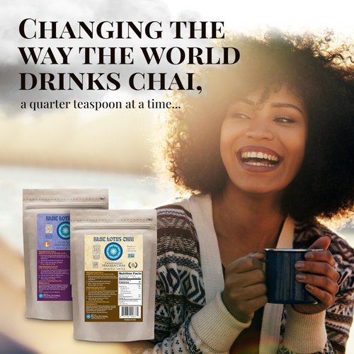 Blue Lotus Chai – Golden Masala Chai with Turmeric and Maca - Makes 265 Cups – Just Add Hot Water, No Steeping, No Gluten - 8 Ounce Masala Chai Powder with Organic Spices – Authentic Indian Tea