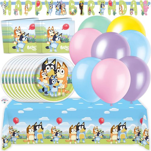 Bluey Birthday Decorations Girl includes 16 Plates, Napkins, Banner, Tablecloth, Balloons, Sticker - Bluey Party Decorations - Officially Licensed