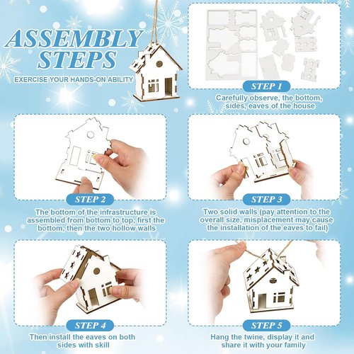 Coume Christmas Wood Ornaments - 9 Pcs Unfinished Rustic White Wooden House Decor for DIY Crafts
