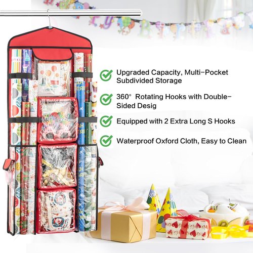 Christmas Wrapping Paper Organizer - Double-Sided Storage for Gift Bags & Wrapping Paper | Red