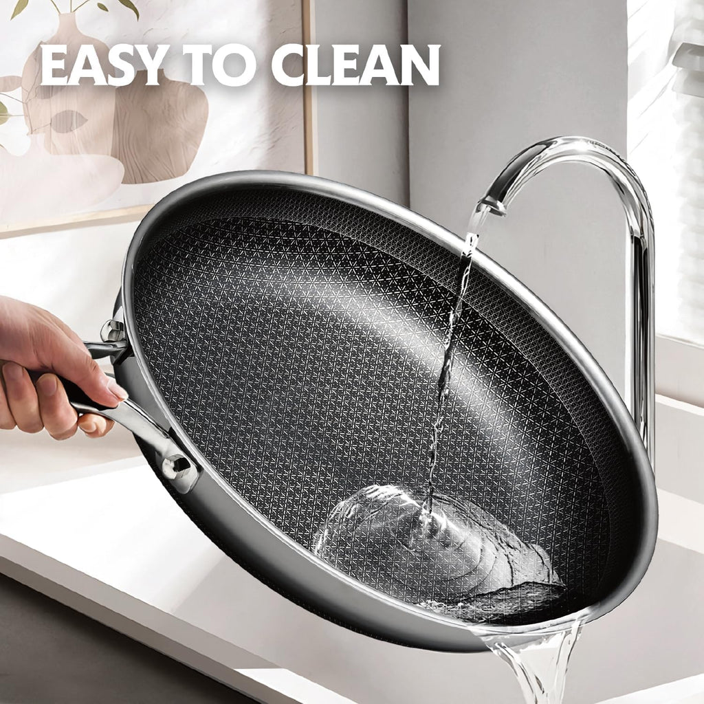 SNOWCLAD Frying Pan with Lid, 10 Inch Hybrid Non Stick Stainless Steel Skillets, Dishwasher Induction Oven Broiler Safe, Non Toxic Chef's Pan, PFOA Free Cookware