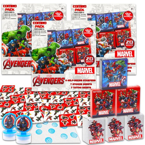 Avengers Party Favors Bulk Set ~ Bundle with 60 Pieces Avengers Favor Boxes with Stickers, Tattoos, and Stampers for Kids Birthday Party | Avengers Classroom Prize Boxes