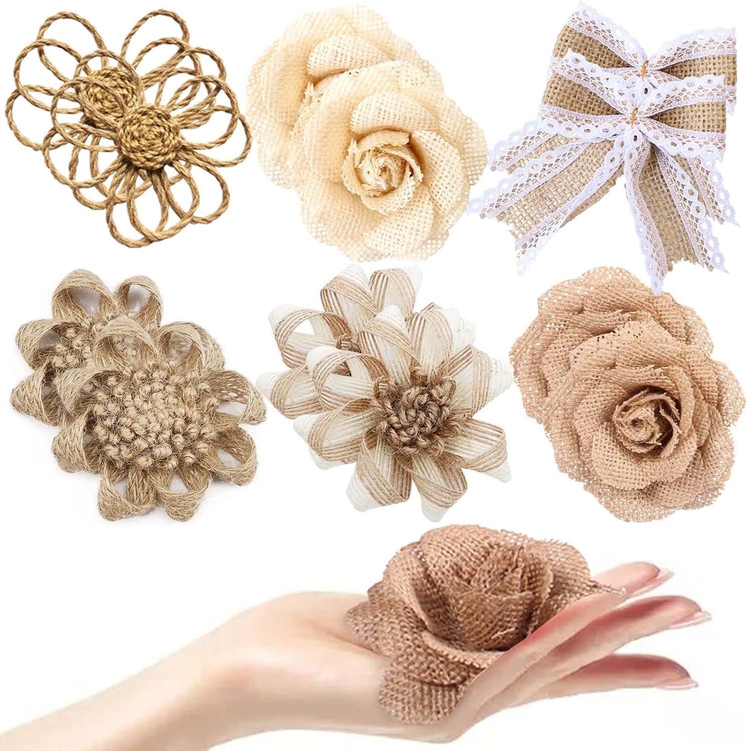 Skiennix 12PCS Large Burlap Flowers - Handmade Jute Roses for Wedding & Craft Decorations | 3.15 in