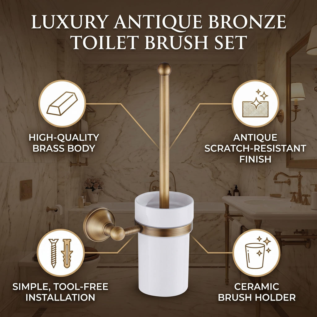Elegant European Antique Bronze Toilet Brush Holder Set, Wall Mounted Brass Bathroom Accessories Set (Golden)