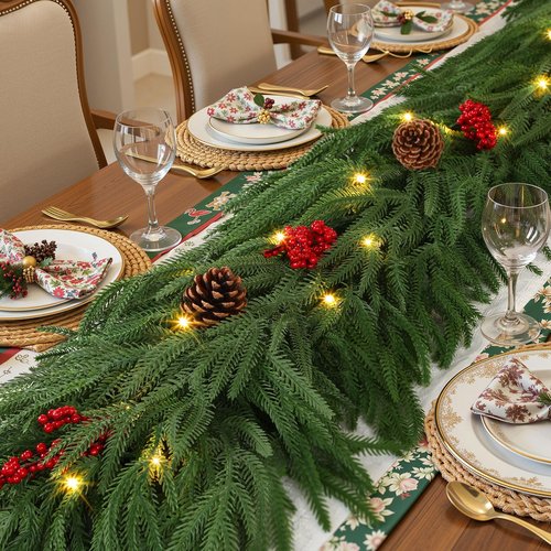 9FT Prelit Christmas Garland, Realistic Green Norfolk Pine Garland with Lights Battery Operated for Mantle Stairs Railing Fireplace Table Indoor Xmas Decor
