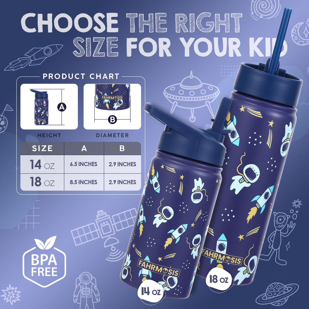 FAHRMOSIS 14 OZ Kids Water Bottle with Straw & 2 Lids (Flip & Spout) Leak Proof Metal Insulated Stainless Steel Reusable Tumbler for School & Sports Water Bottle - Purple (Halloween)