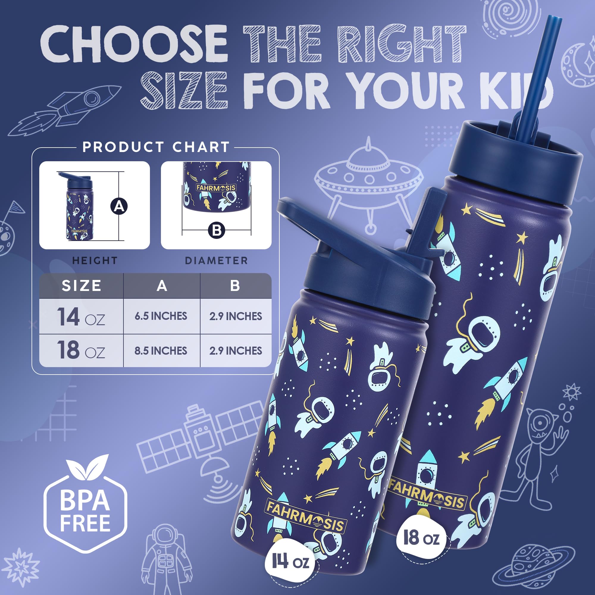 FAHRMOSIS 14 OZ Kids Water Bottle with Straw & 2 Lids (Flip & Spout) Leak Proof Metal Insulated Stainless Steel Reusable Tumbler for School & Sports Water Bottle - Purple (Halloween)