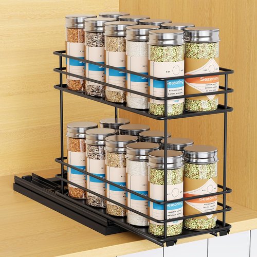 Mystozer Pull Out Spice Rack Organizer for Cabinet, Slide Out Spice Racks, Easy to Install, 4.33" Wx10.43 Dx8.66 H, 1 Drawer 2 Tiers(Black)