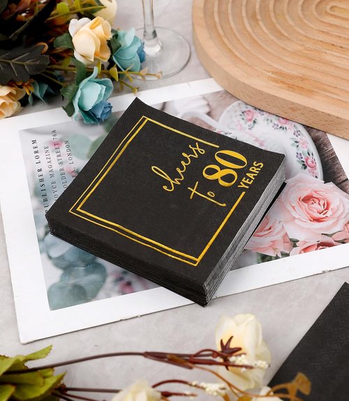 Cheers to Years Cocktail Napkins | 50-Pack 3-Ply Disposable Birthday & Anniversary Napkins - Black & Gold 5x5 Inches