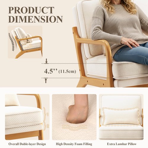 MALOL Mid-Century Accent Chair with Solid Wood Frame, Reading Relaxing Armchair Lumbar Pillow& Soft Cushion, Leisure Chair for Living Room, Bedroom, Waiting Room-Beige