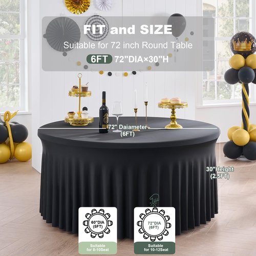 Outpain 4 Pack Black 72in/6FT Round Spandex Tablecloth,132inch Stretchy Fitted Table Cloths for Round Tables,Wrinkle Free Black Table Cloths with Skirt for Wedding Vendor Graduation Banquet