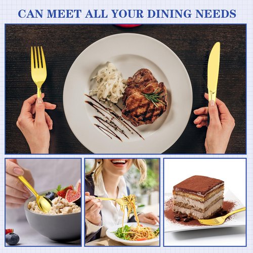 Zubebe 100 Pack Pre Rolled Silverware Set Disposable Wrapped Plastic Cutlery Set with Napkin Disposable Utensils Includes Forks Knives Spoons Napkins Wrapped for Party Dinners Wedding(Gold, Blue)