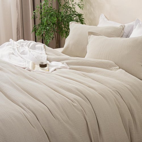 David's Home Cotton Muslin Comforter Set Queen Size, Soft Lightweight Breathable Cozy Skin-Friendly, 3PCS Linen Like Gauze Bedding with Pillow Shams, Aesthetics Home Decor & Giftable, Natural