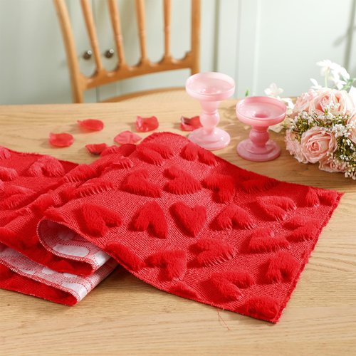Windkream Valentine's Day Decor Table Runner 13 x 72 Inch Red Heart Soft Plush Faux Fur 3D Jacquard Table Runner Romantic Valentine's Day Decorations for Home Dining Holiday Wedding Party Decor