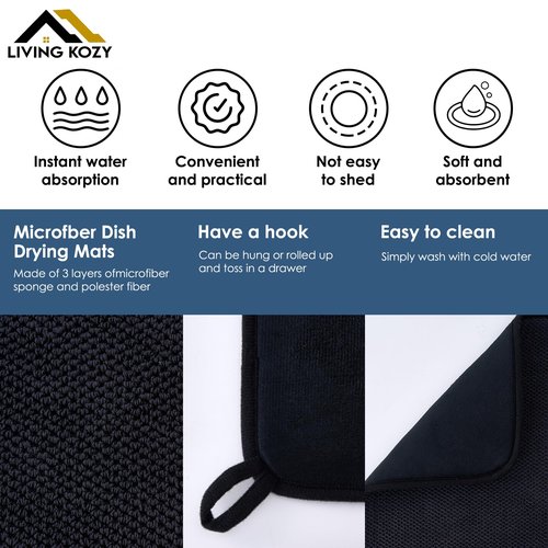 Dish Drying Mat, Microfiber Ultra-Absorbent Kitchen Counter Mat, Ideal Dish Drying Pad for Dishes, Utensils, Pots, and Pans, Black, Small - 16"x12" (40x30cm).