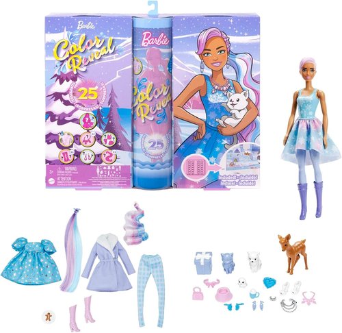 Barbie Color Reveal Advent Calendar - 1 Doll & 3 Pets with Clothes, Accessories & 25 Surprises for Kids