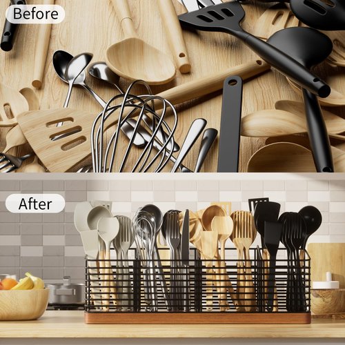 BZBRLZ Large Utensil Holder for Kitchen Counter with 4 Compartments, Matte Black Metal Holder with Wooden Base Cooking Utensil Organizer for Spatula Utensil Crock Caddy