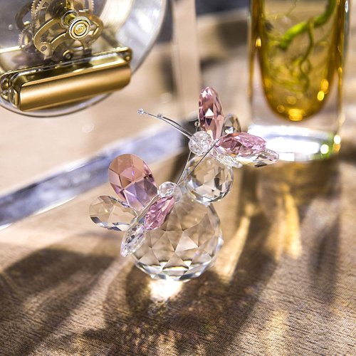 H&D Hyaline & Dora Pink Crystal Cut Double Butterfly Figurine - Handmade Art Glass Collectible Gift
