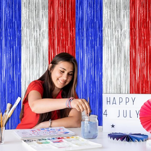 4th of July Decorations by [Brand Name] - 2 Pack Tinsel Backdrop | Red, Silver & Blue Fringe Curtains, 3.28 FT x 7.05 FT